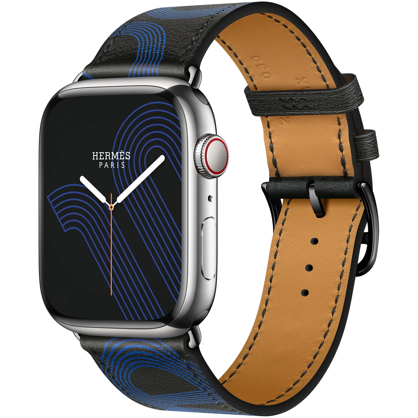 Apple Watch Hermès Series 7 GPS + Cellular 45mm Silver Stainless Steel Case (MKMG3) with Noir/Bleu Electrique Swift Leather (MKGA3)